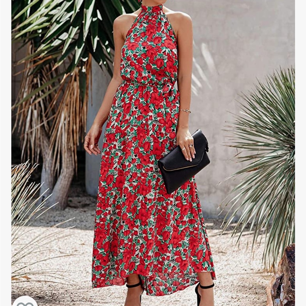 PRETTYGARDEN Women's Halter Floral Long Maxi Dress Ruffle Sundress with Belt